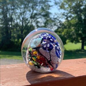 Hand Blown & Signed Colorful Glass Art Paperweight Sphere 1.15 Lbs